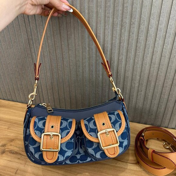 Coach Ashton Baguette Bag In Signature Canvas Denim/Brown CY700 - Picture 1 of 7